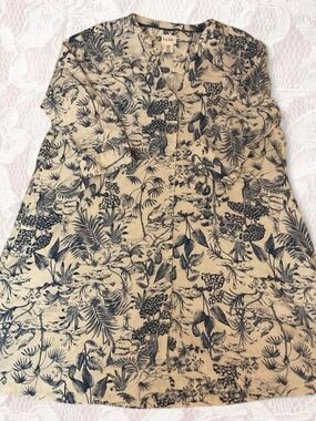 Neutral Beige & Navy Floral Print Women’s Dress Medium